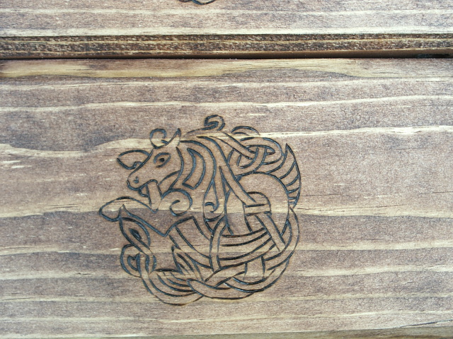 Celtic Horse in tradtion Celt art on bottom drawer.