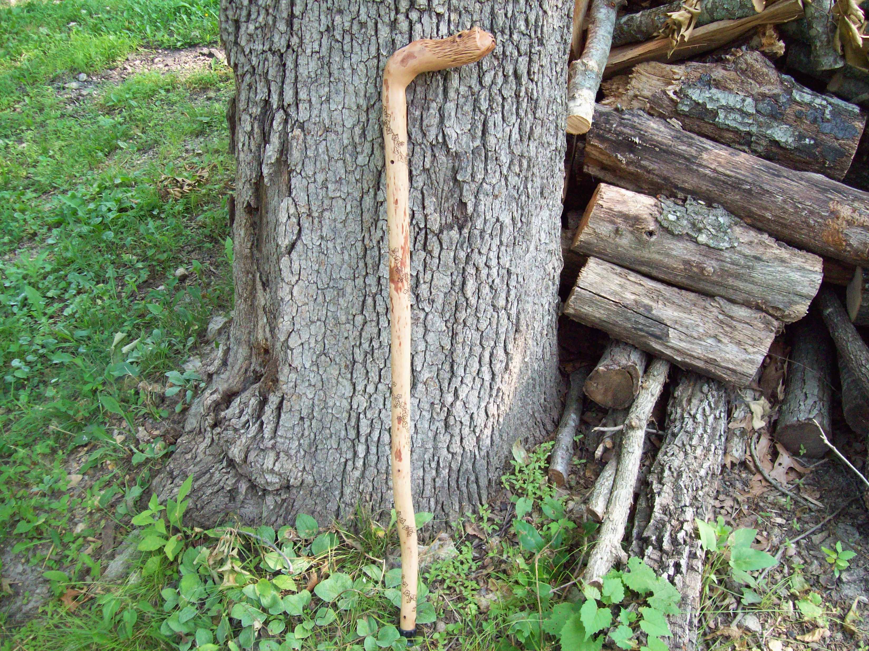 Wood burned ivy pattern walking cane