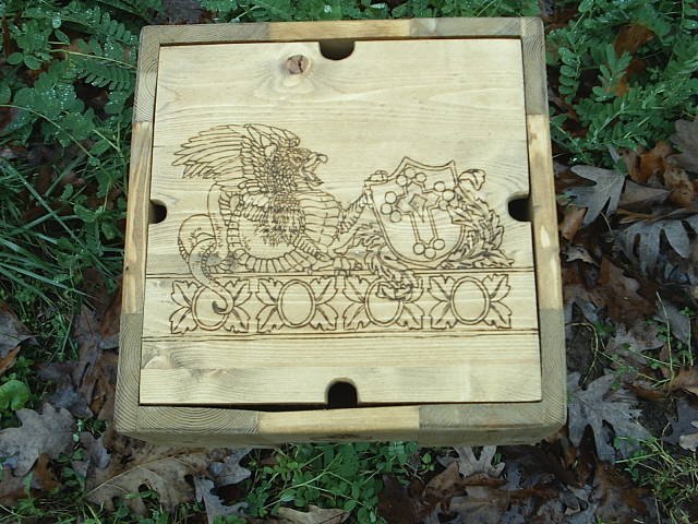Griffen and Shield wood burned into the fantasy box